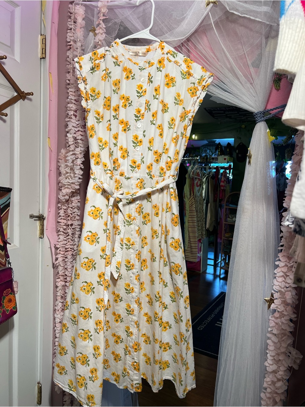 White Maxi Dress with Yellow Floral Print and Self-Tie Waist Size Small